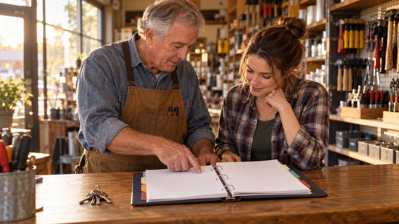 A hardware-store owner and his daughter reviewing an open continuity binder together at the shop counter, keys resting beside it